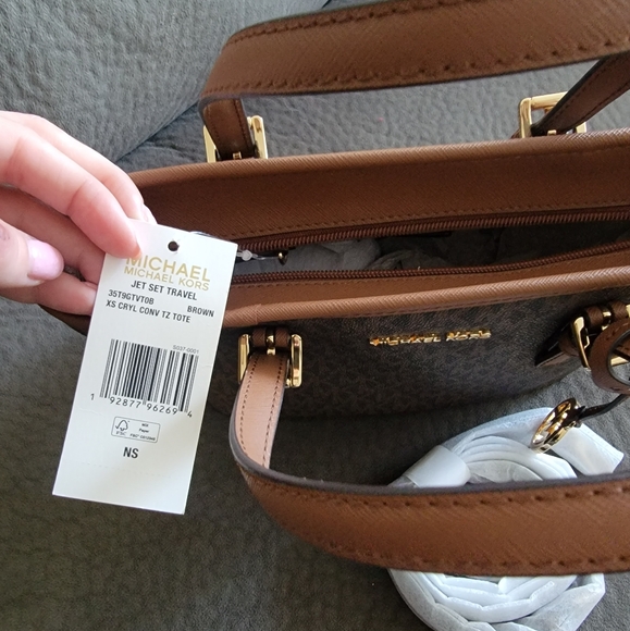 Michael Kors Jet Set Travel Extra-Small Logo Top-Zip Tote Bag in Brown - Picture 7 of 16